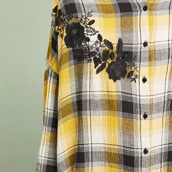 $128 ANTHROPOLOGIE / MAEVE yellow black plaid oversized button up shirt … - Picture 4 of 9
